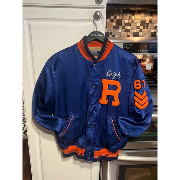 Polo Ralph Lauren Varsity Bomber Satin Jacket Mens Medium Blue Chenille - Picture 8 of 11